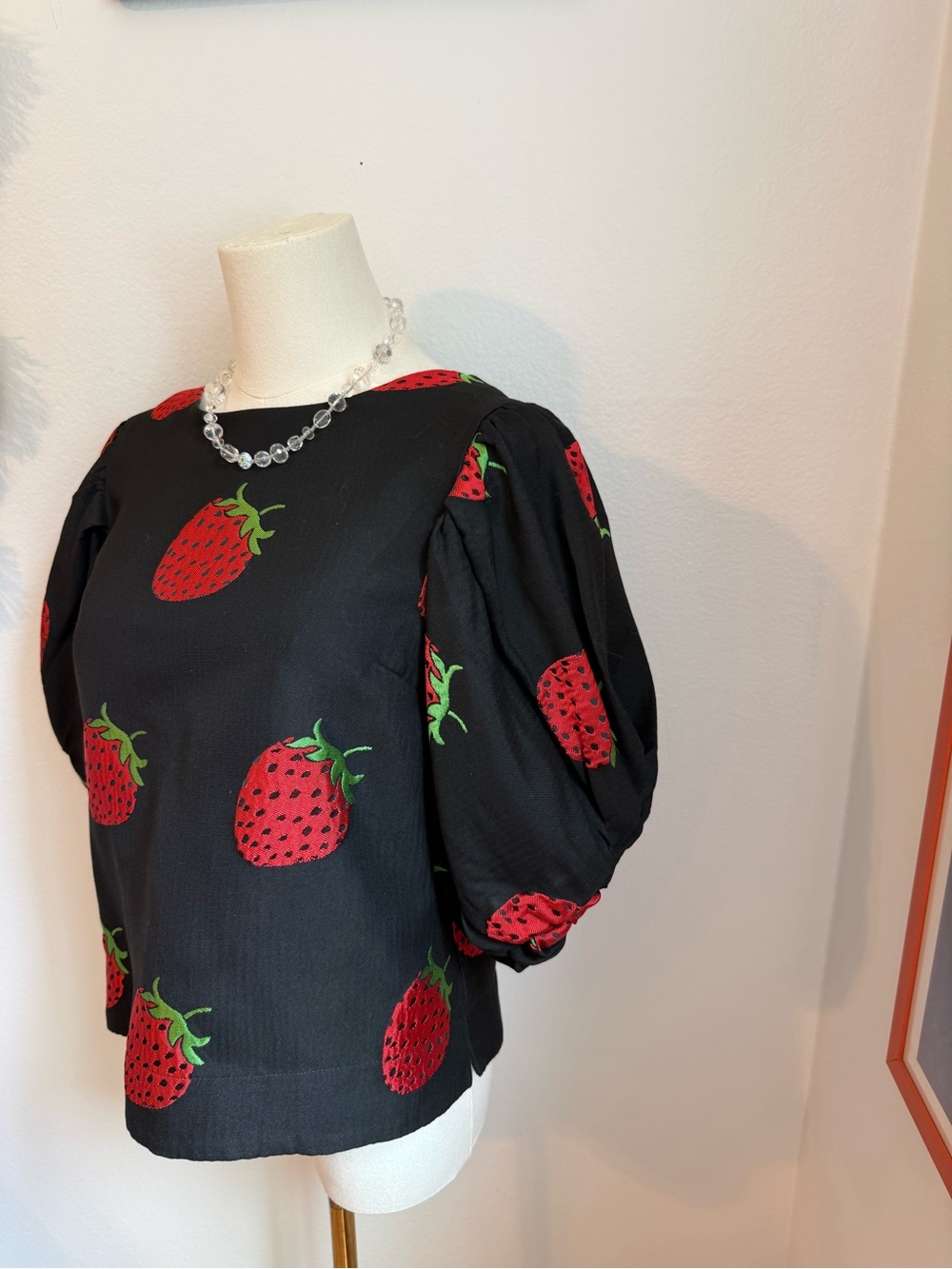 Maeve black blouse with red strawberries size small - Picture 3 of 7